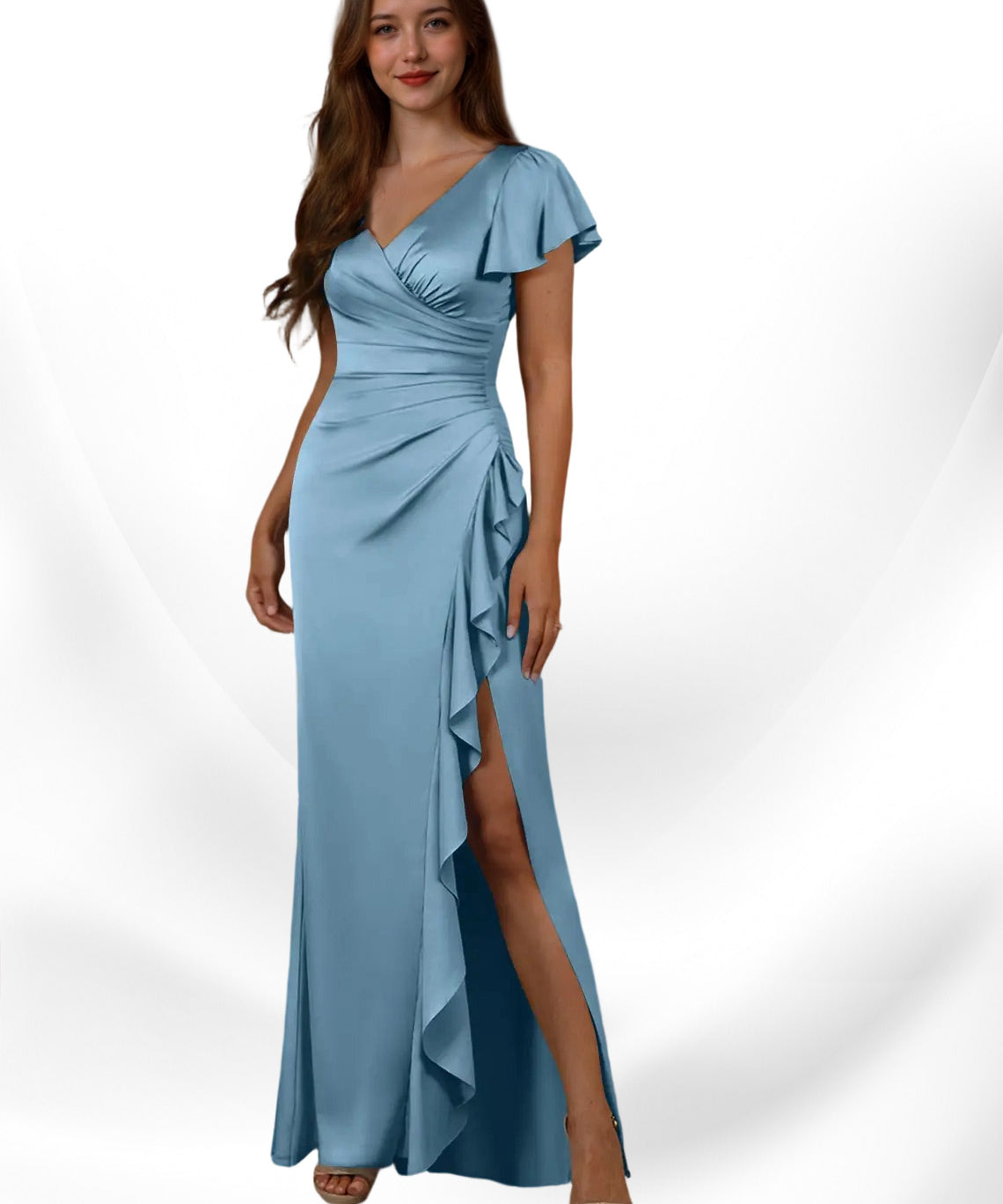 Augday Roya Mermaid V-Neck Pleated Stretch Satin