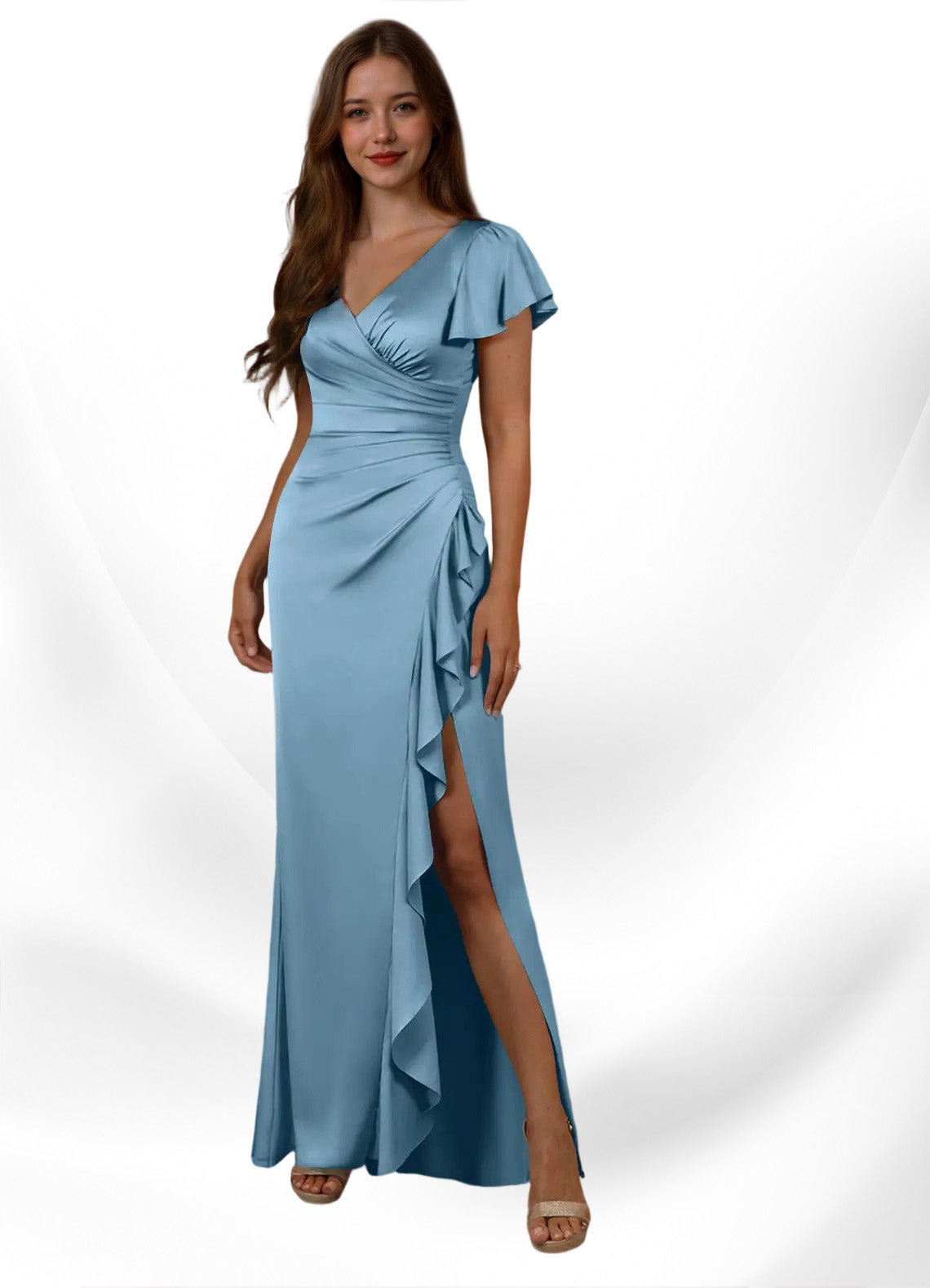 Augday Roya Mermaid V-Neck Pleated Stretch Satin