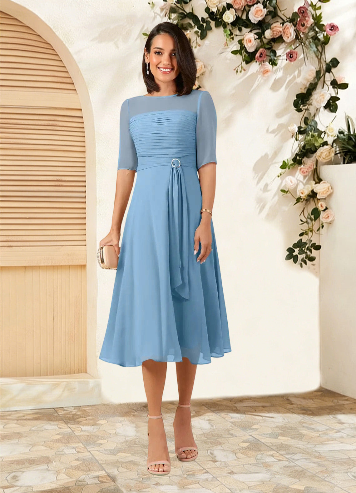 Augday Naomi A-Line Boatneck Pleated Chiffon Dress