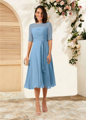 Augday Naomi A-Line Boatneck Pleated Chiffon Dress