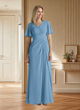 Augday Morning Glory A-Line V-Neck Ruched Chiffon Dress
