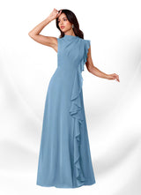 Augday Narine A-Line High Neckline Pleated Chiffon Dress