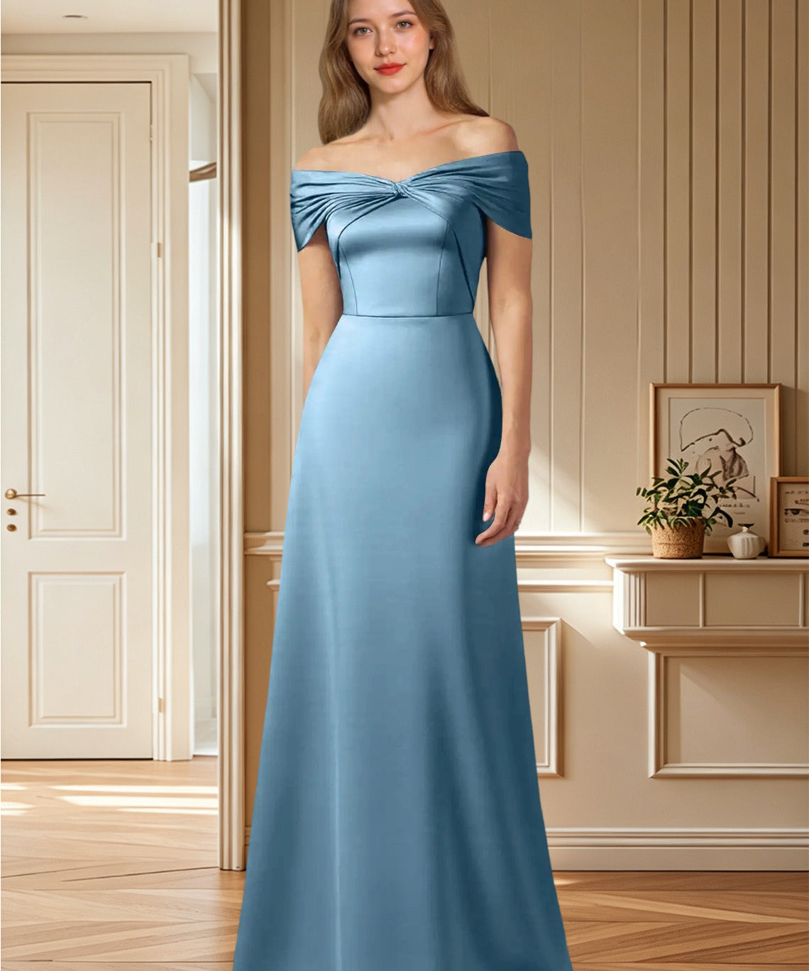 Augday Amelia A-Line Off the Shoulder Stretch Satin Dress