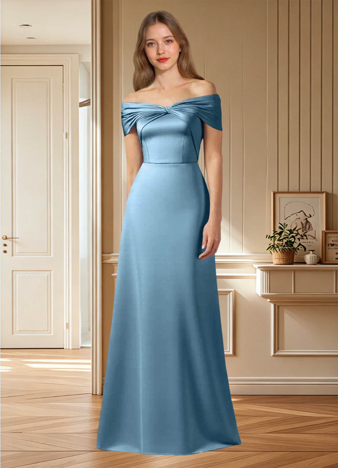 Augday Amelia A-Line Off the Shoulder Stretch Satin Dress