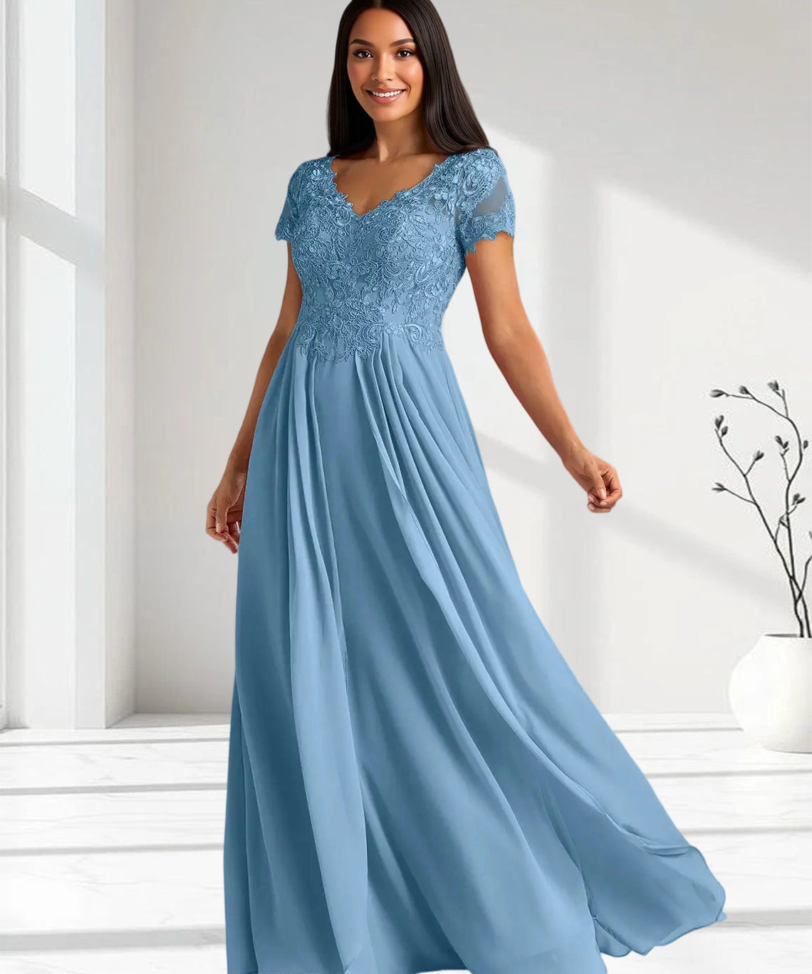 Augday Dunja A-Line V-Neck Lace Chiffon Dress