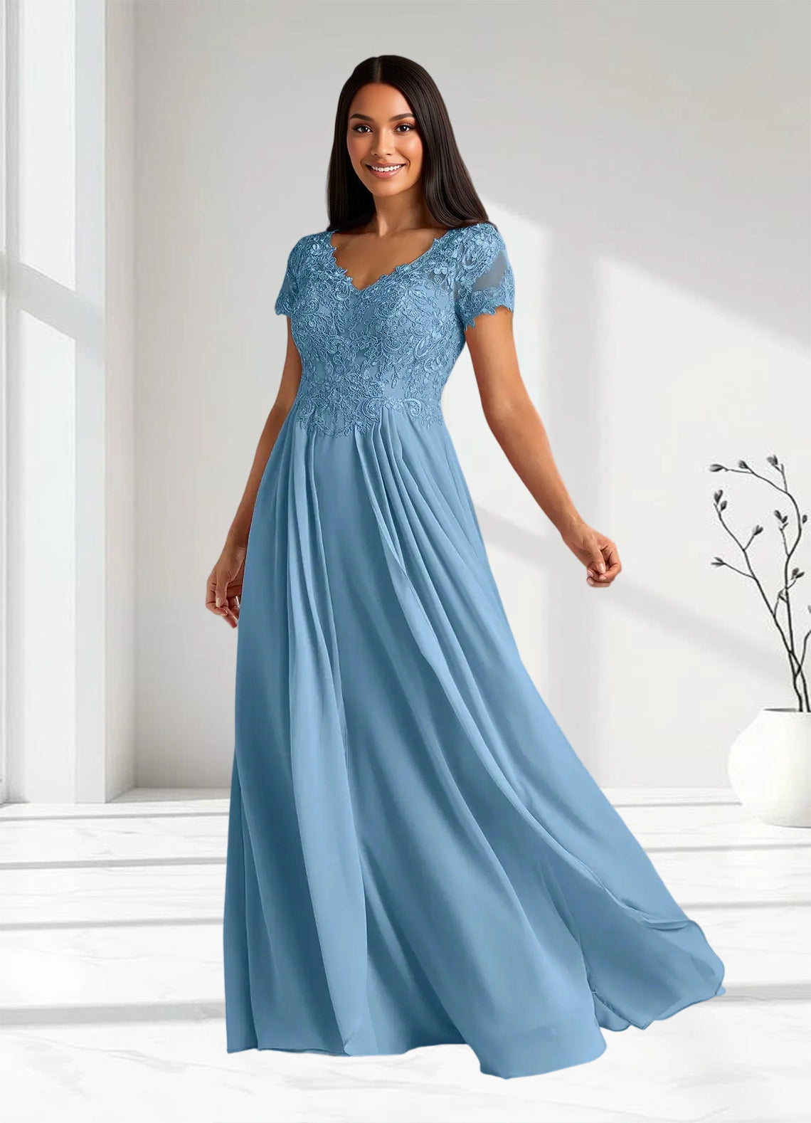 Augday Dunja A-Line V-Neck Lace Chiffon Dress