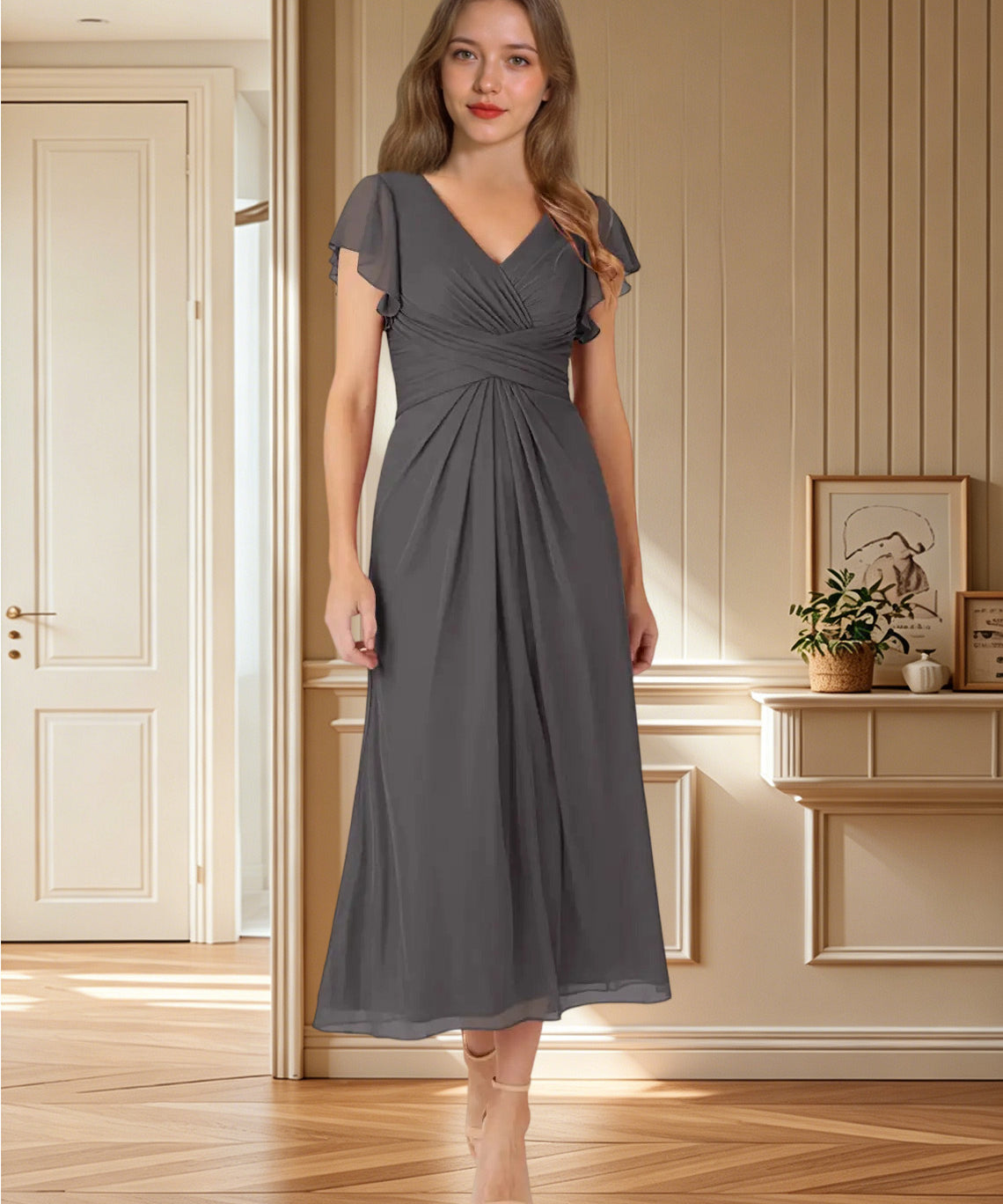 Augday Vera A-Line V-Neck Pleated Mesh Dress
