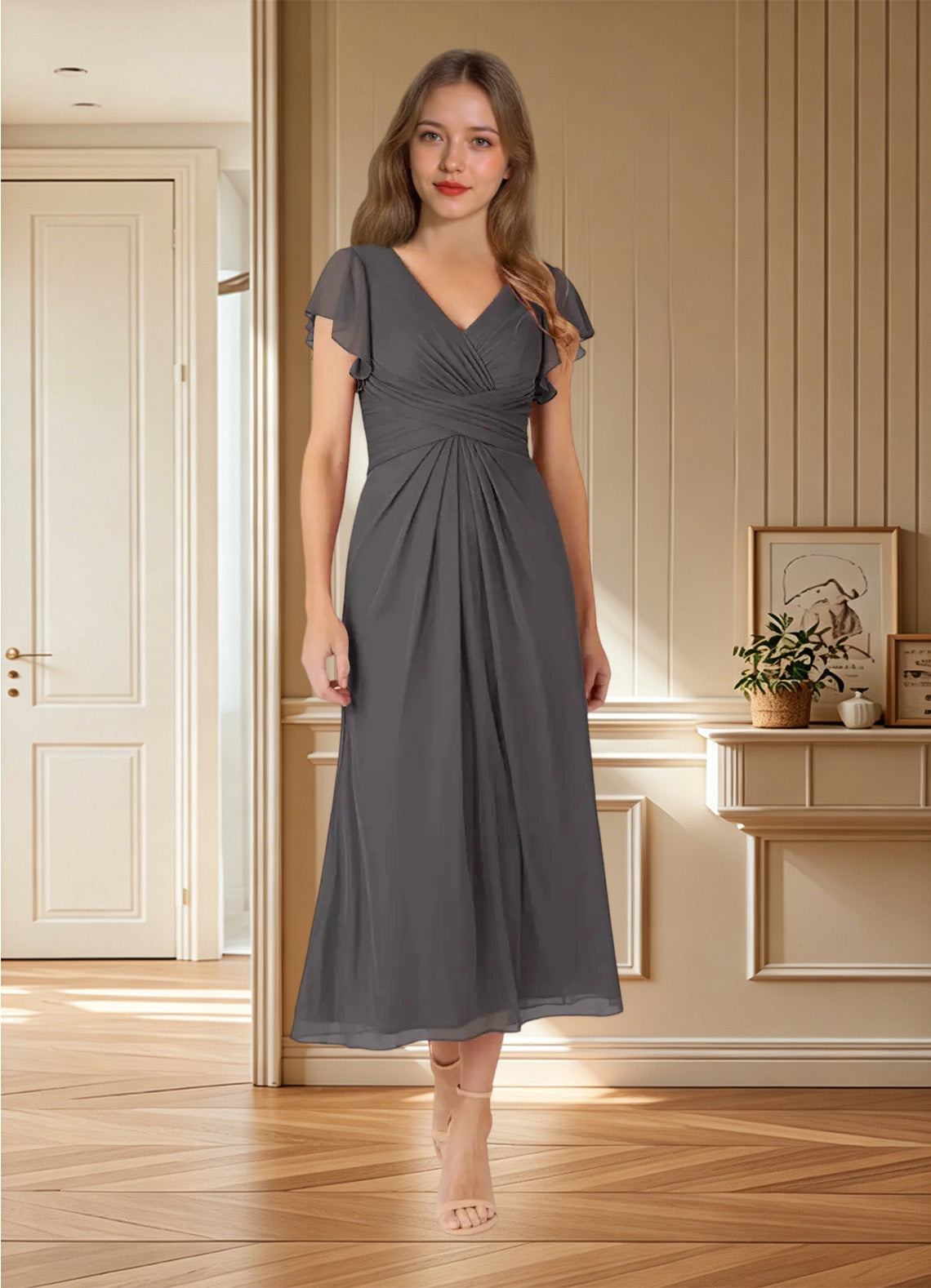 Augday Vera A-Line V-Neck Pleated Mesh Dress