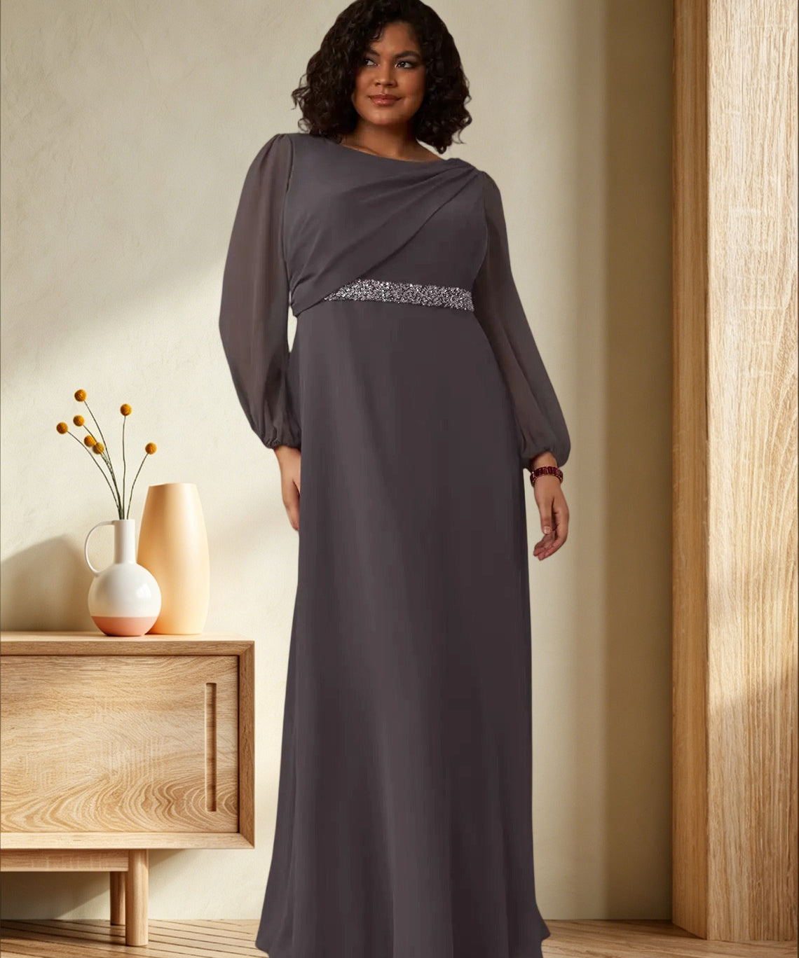Augday Priyanka A-Line Boatneck Pleated Chiffon Dress