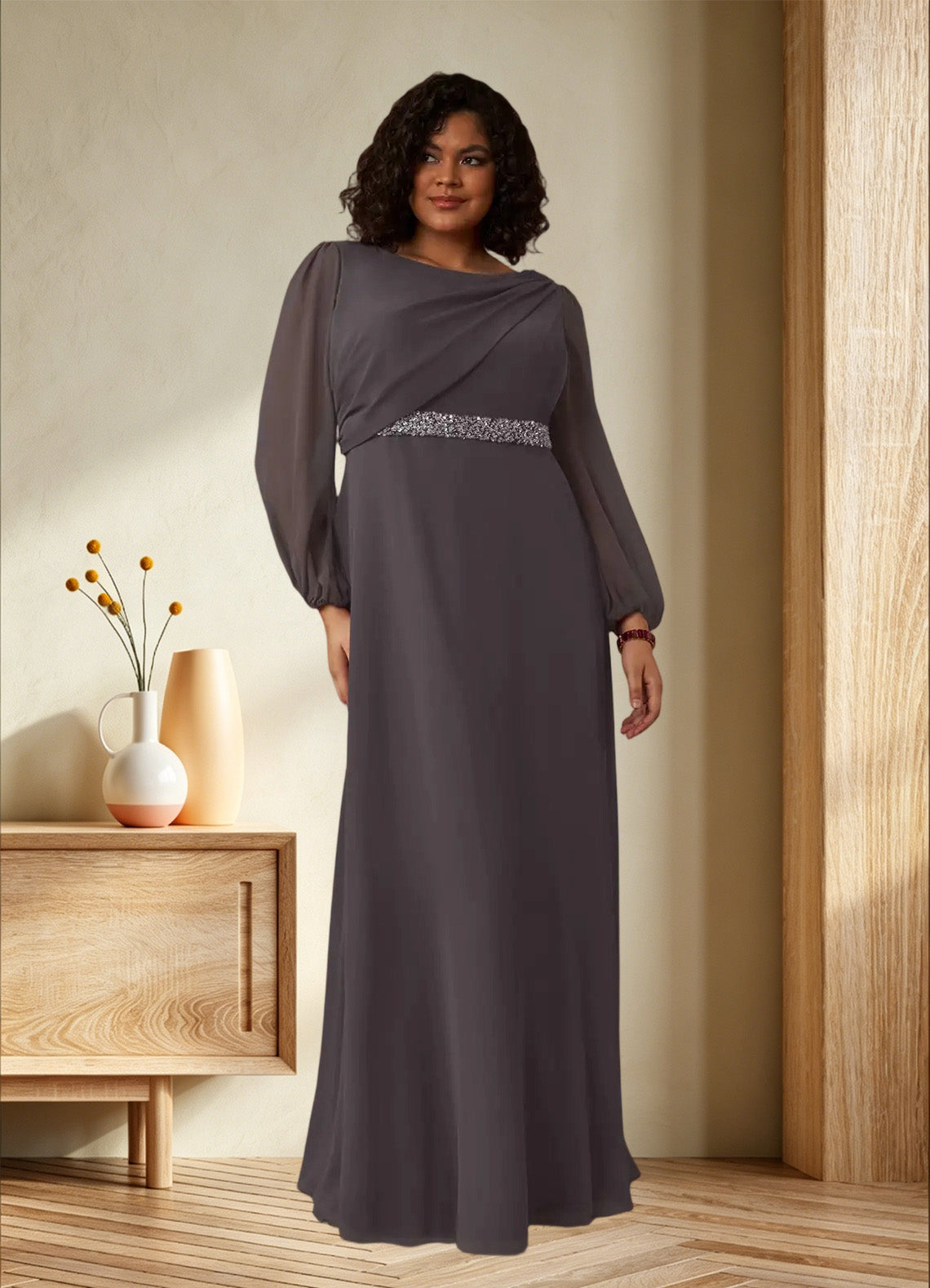 Augday Priyanka A-Line Boatneck Pleated Chiffon Dress
