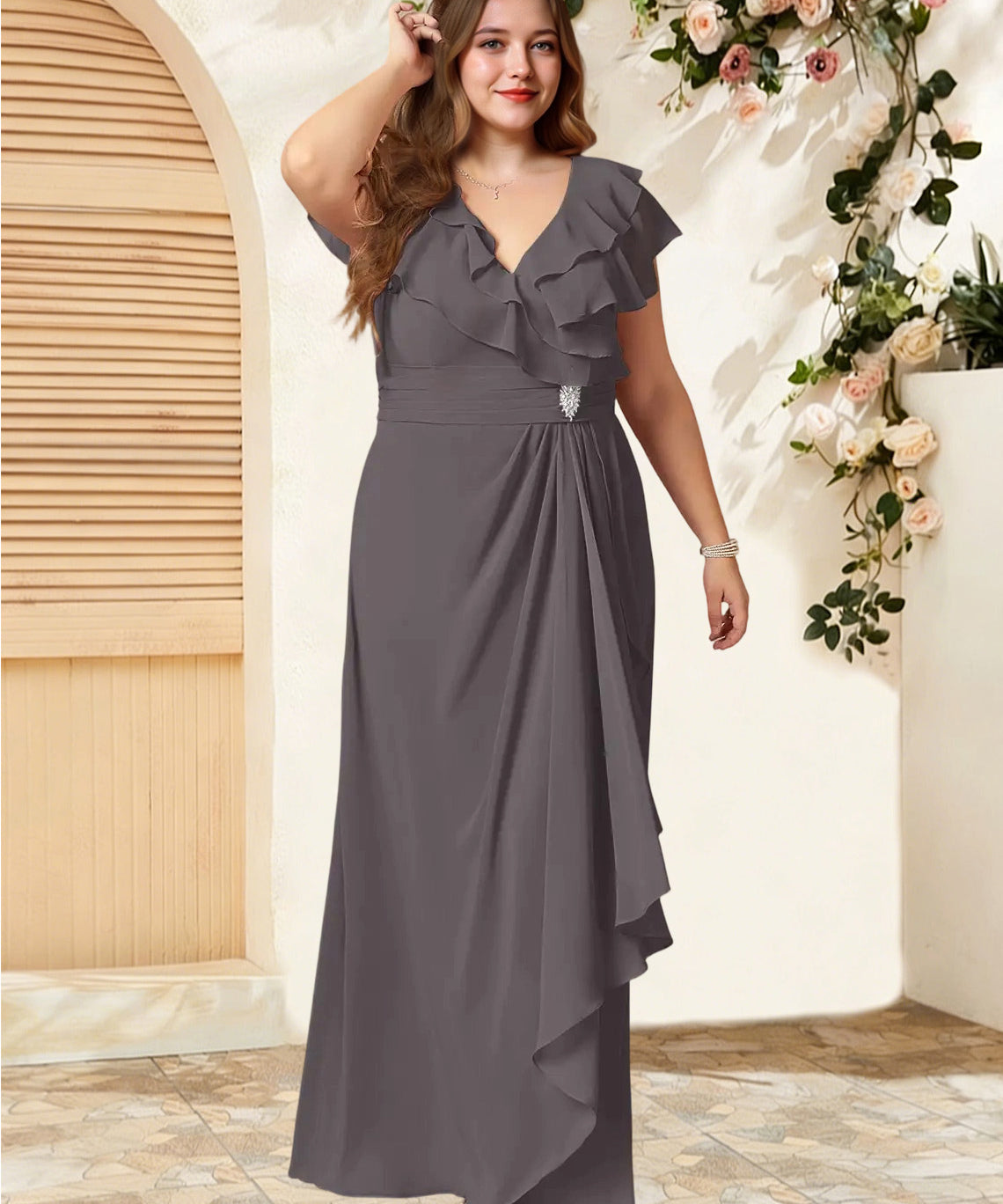 Augday Snapdragon A-Line V-Neck Ruched Chiffon Dress