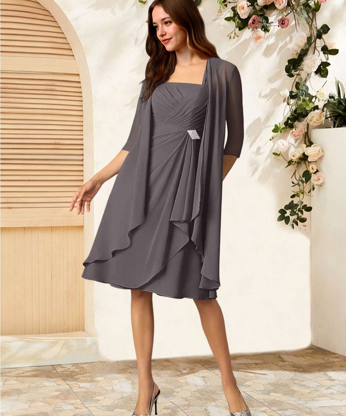 Augday Olivia A-Line Square Neckline Pleated Chiffon Dress