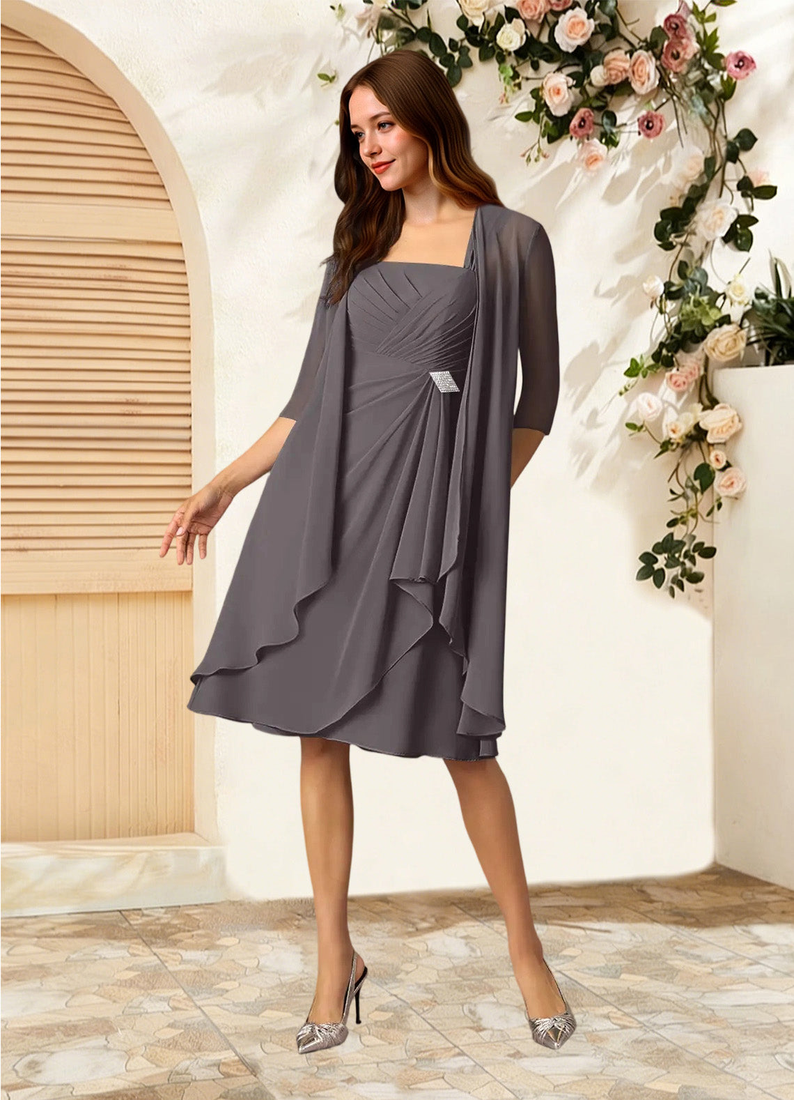 Augday Olivia A-Line Square Neckline Pleated Chiffon Dress
