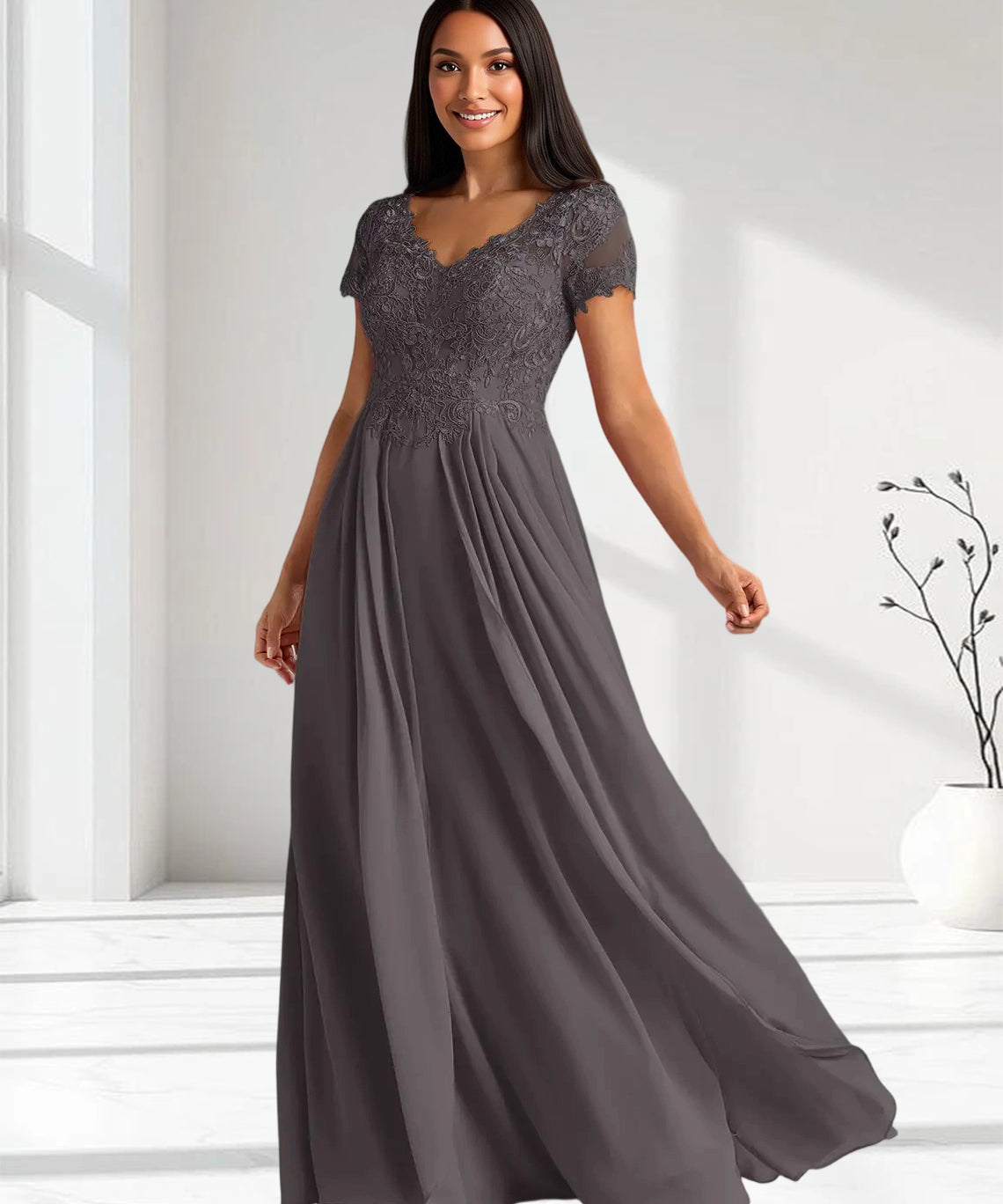 Augday Dunja A-Line V-Neck Lace Chiffon Dress