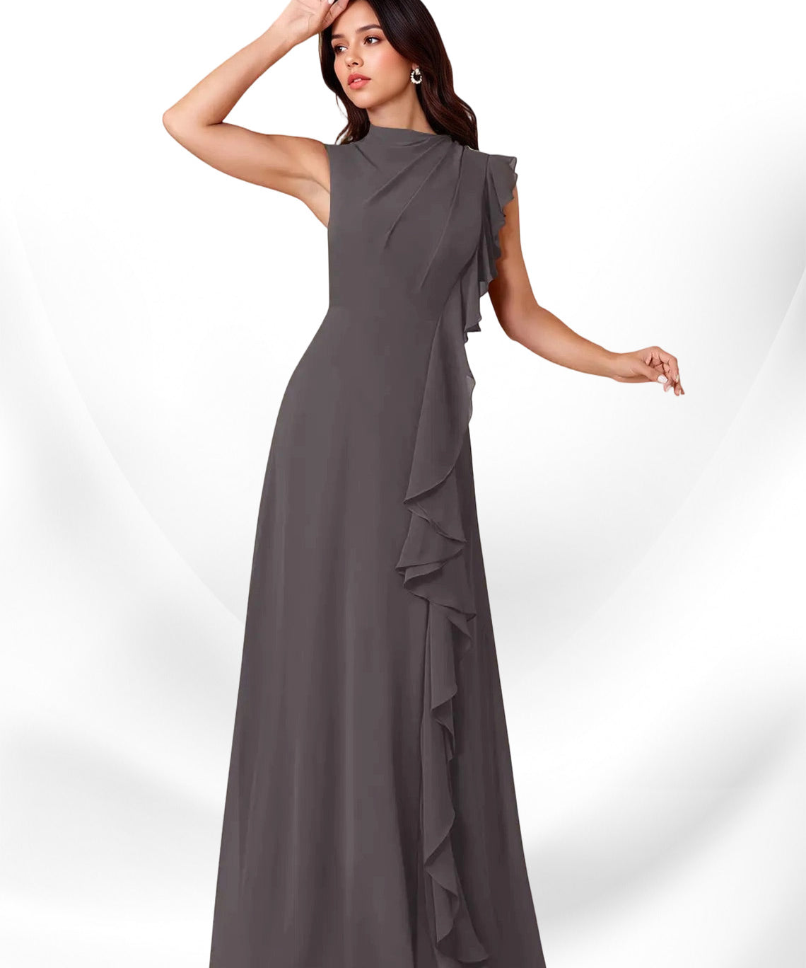Augday Narine A-Line High Neckline Pleated Chiffon Dress