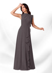 Augday Narine A-Line High Neckline Pleated Chiffon Dress