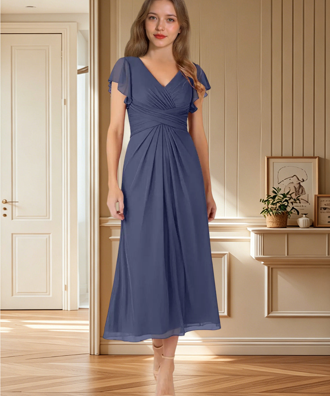 Augday Vera A-Line V-Neck Pleated Mesh Dress
