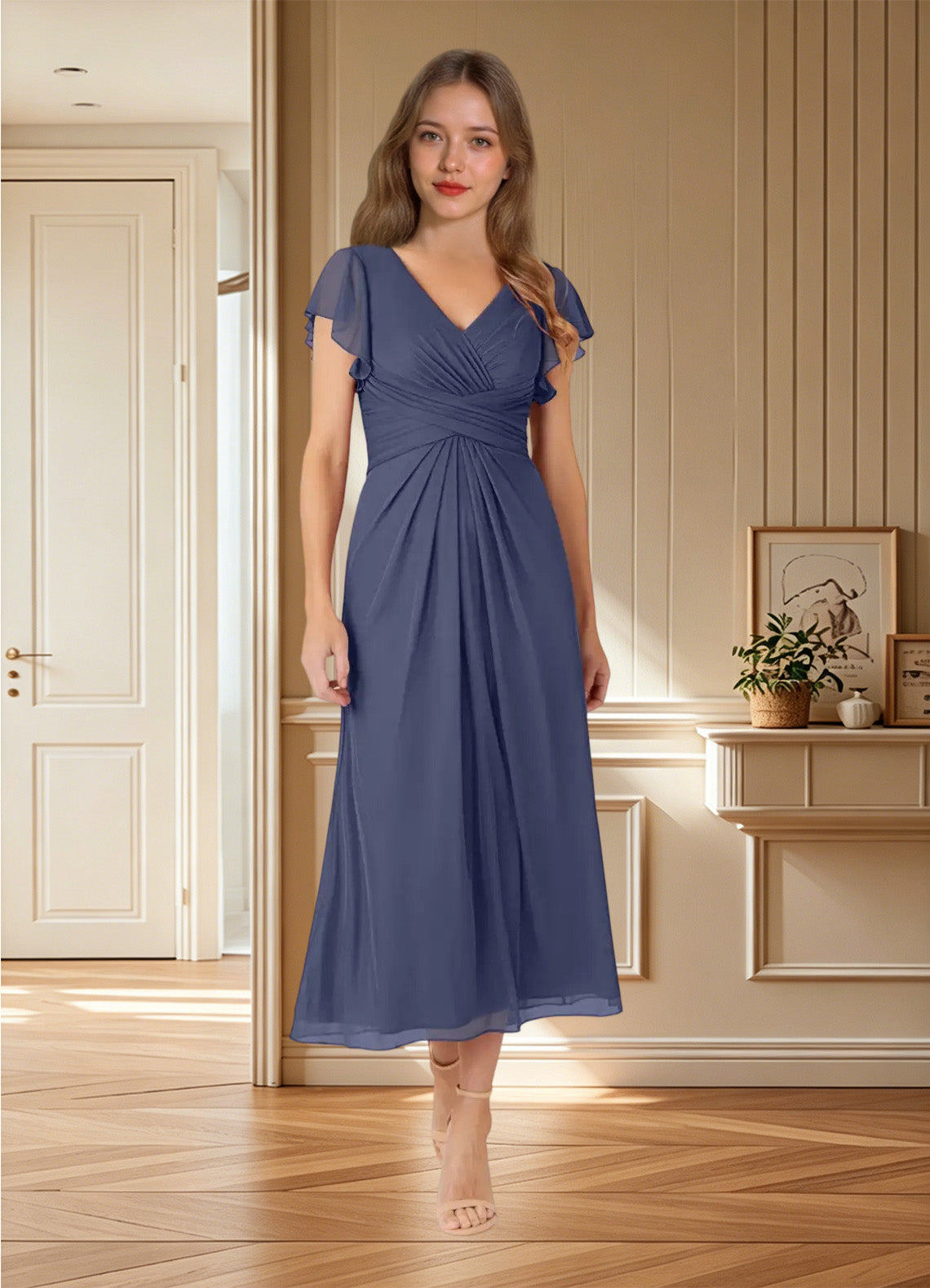 Augday Vera A-Line V-Neck Pleated Mesh Dress