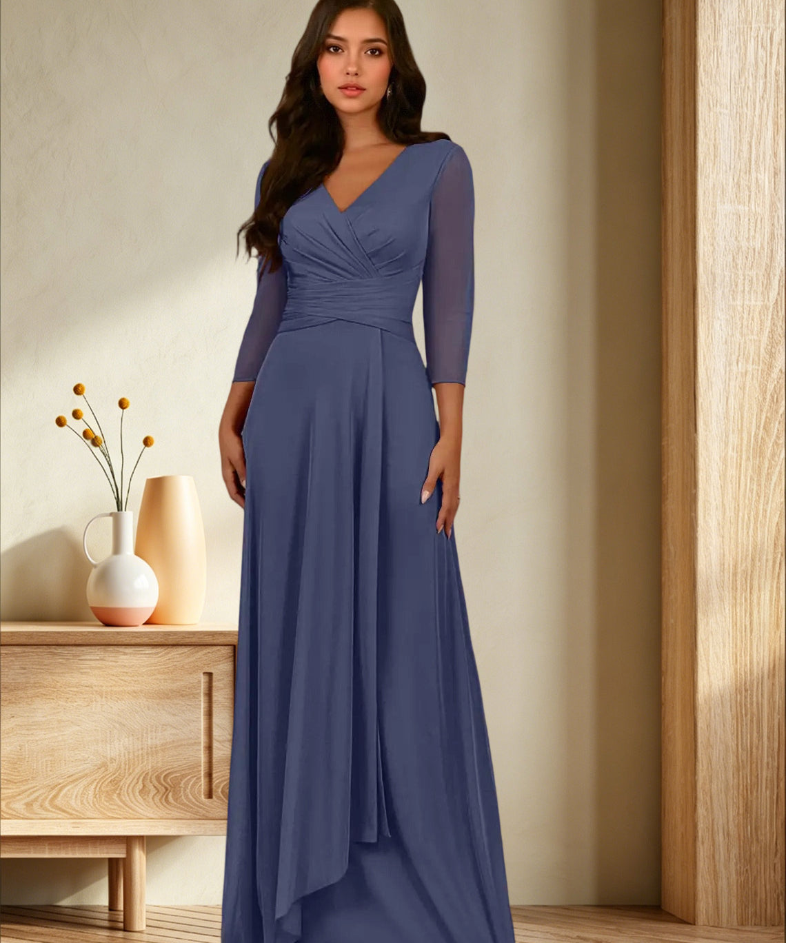 Augday Annetta A-Line V-Neck Pleated Mesh Dress