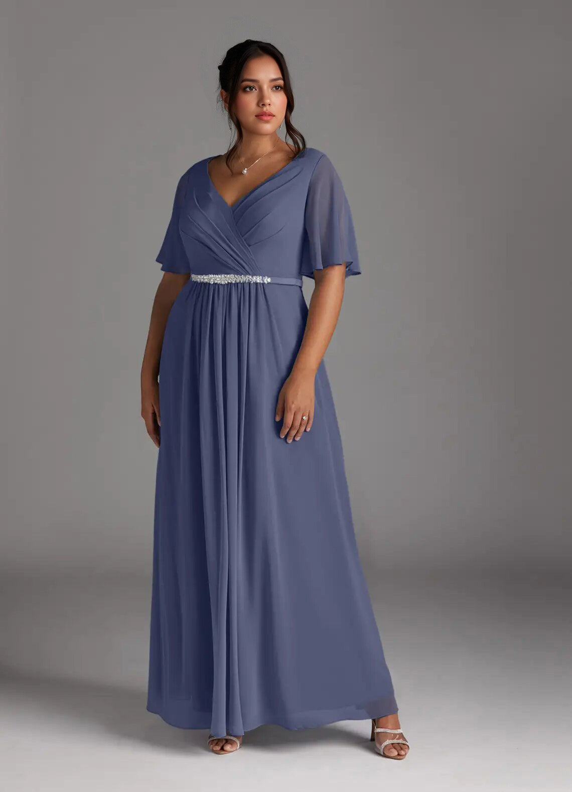 Augday A-Line V-Neck Pleated Chiffon Dress Plus Size