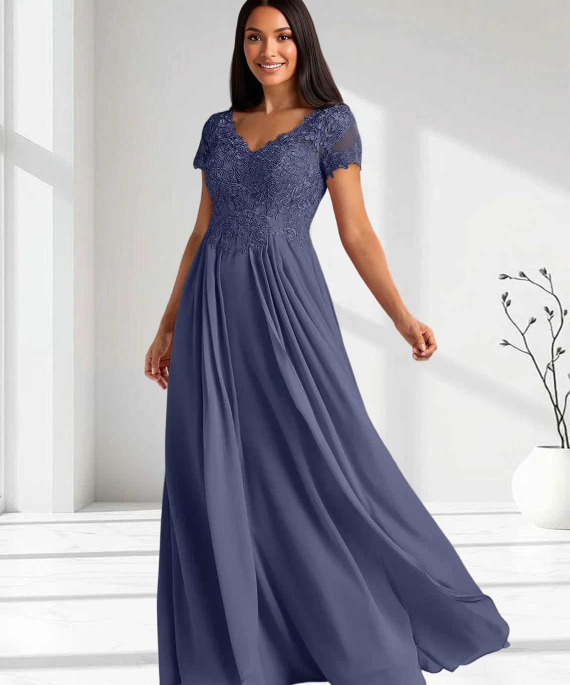 Augday Dunja A-Line V-Neck Lace Chiffon Dress