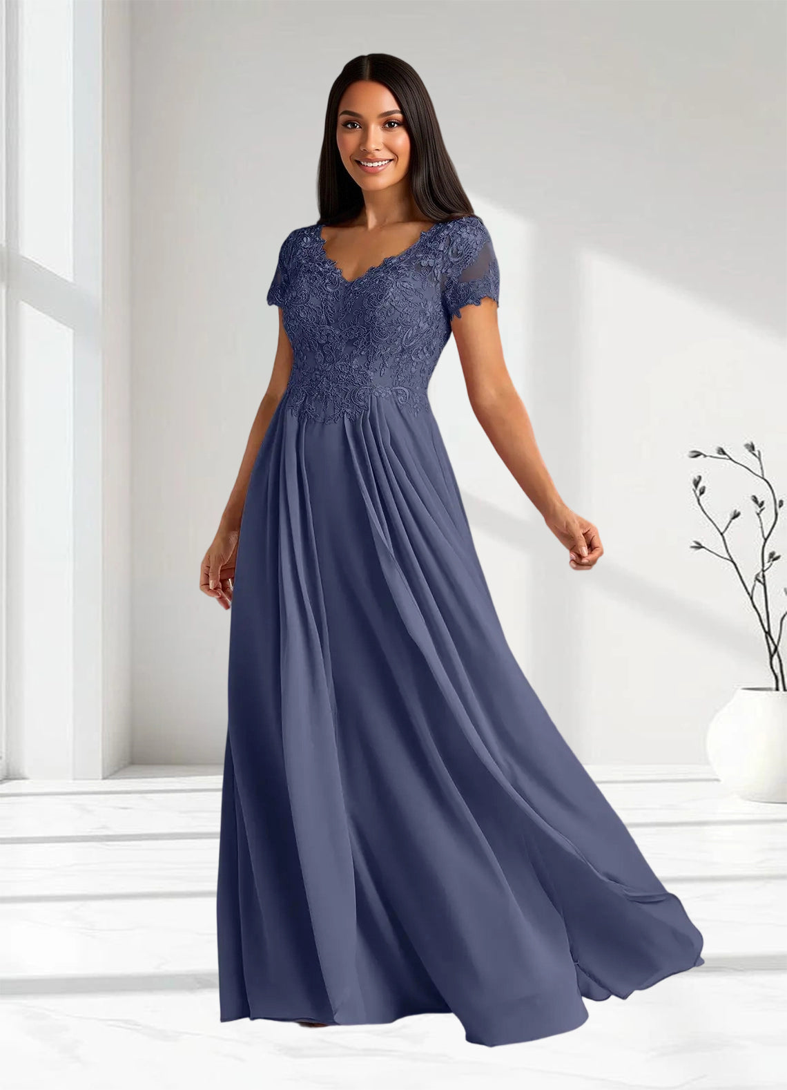 Augday Dunja A-Line V-Neck Lace Chiffon Dress