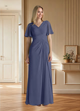 Augday Morning Glory A-Line V-Neck Ruched Chiffon Dress