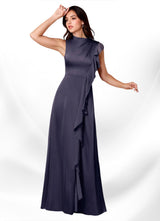 Augday Narine A-Line High Neckline Pleated Stretch Satin Dress