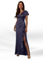 Augday Roya Mermaid V-Neck Pleated Stretch Satin Dress