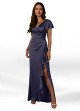Augday Roya Mermaid V-Neck Pleated Stretch Satin Dress