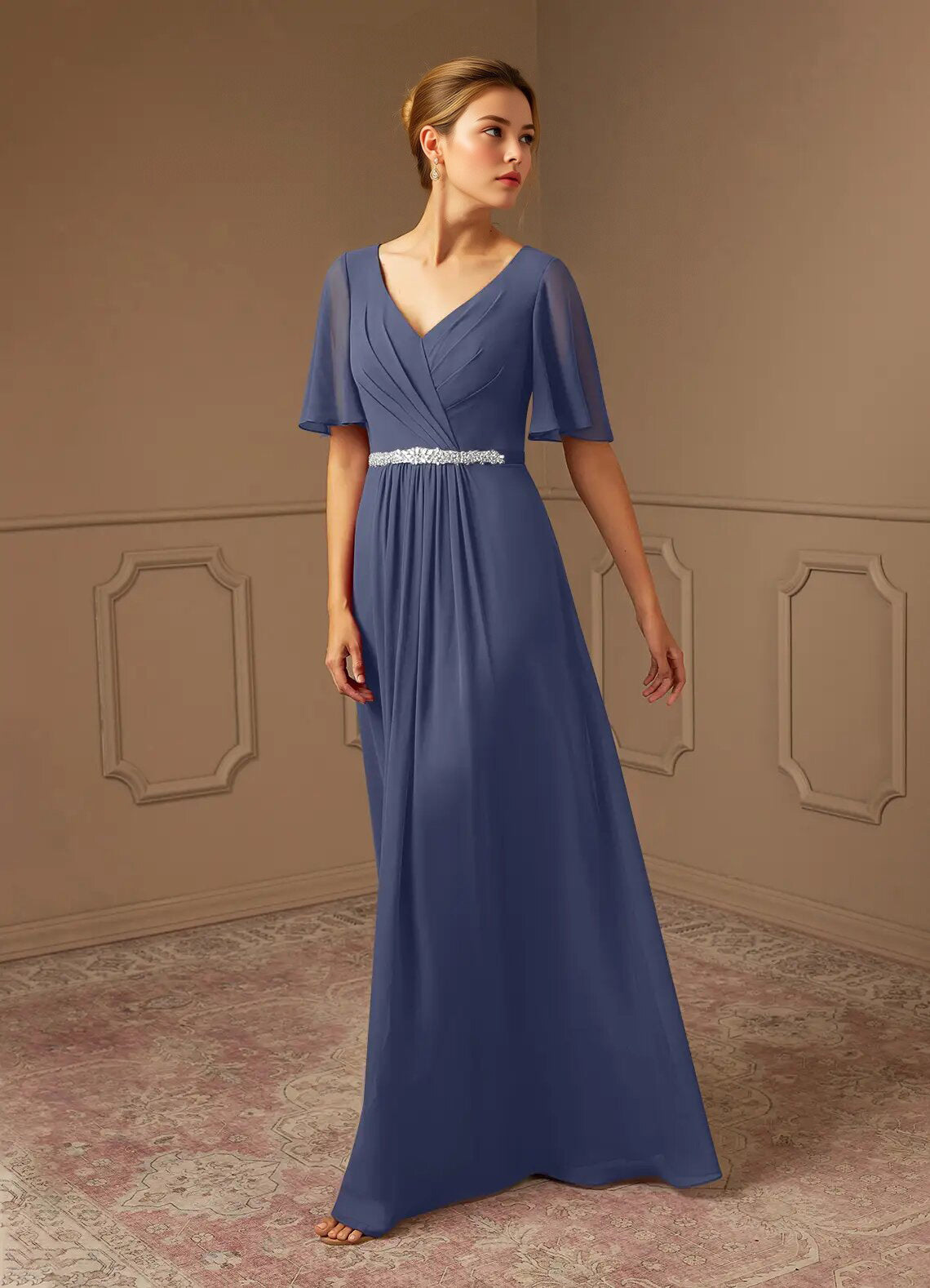 Augday A-Line V-Neck Pleated Chiffon Dress