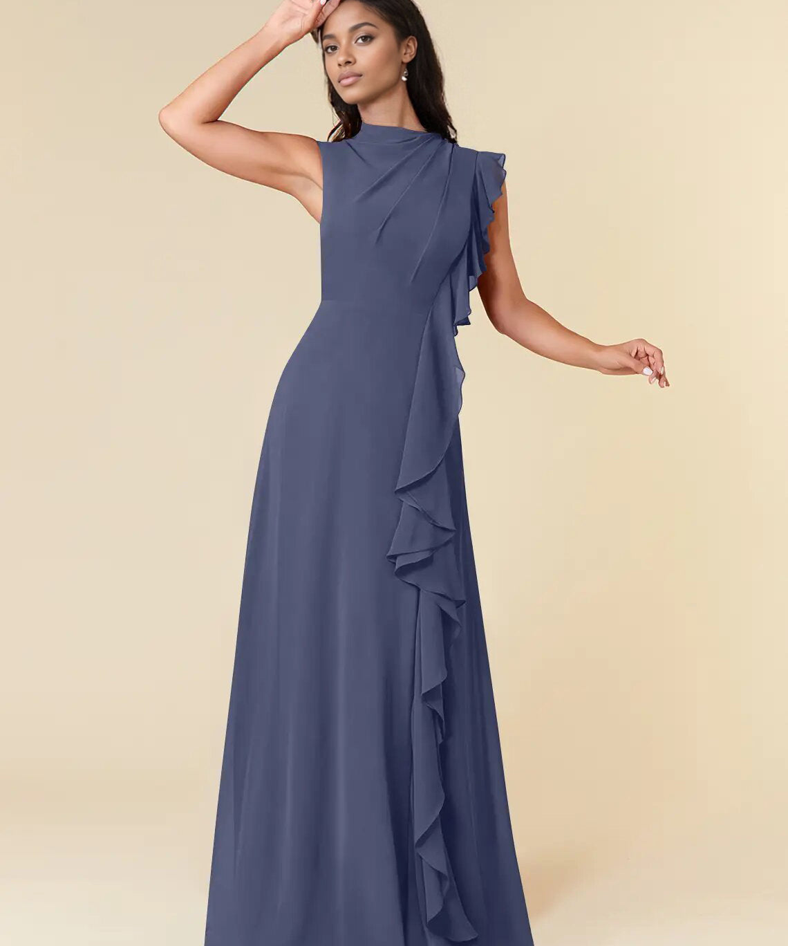 Augday A-Line High Neckline Pleated Chiffon Dress