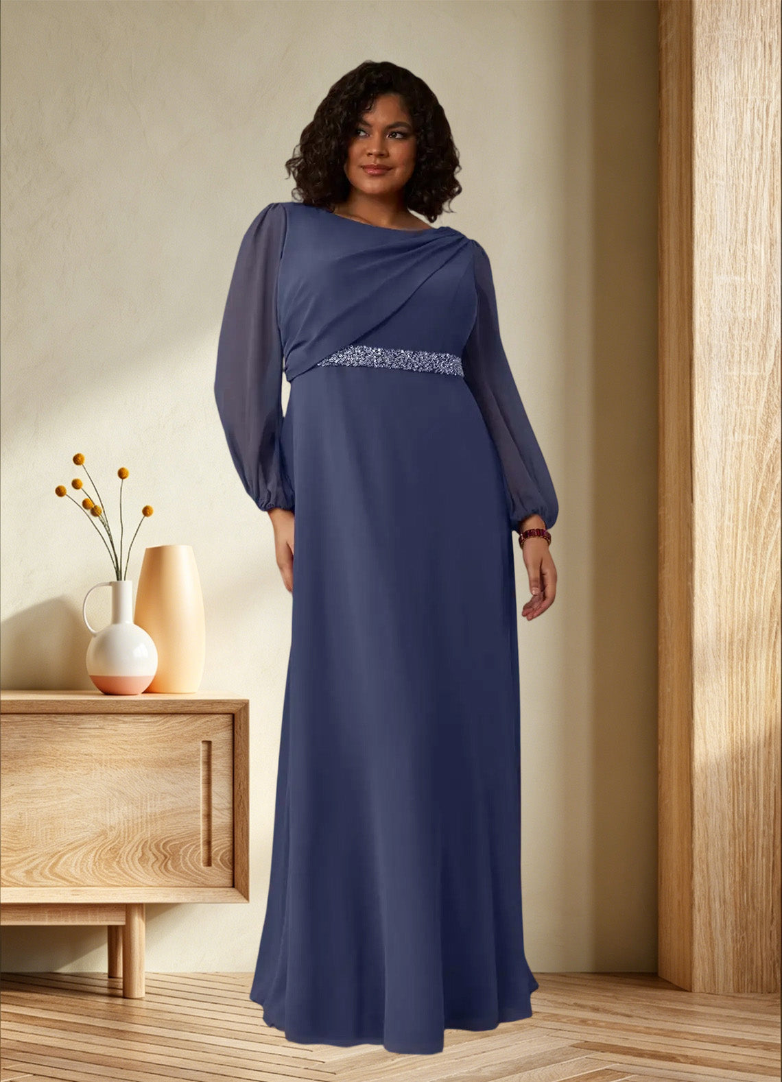 Augday Priyanka A-Line Boatneck Pleated Chiffon Dress