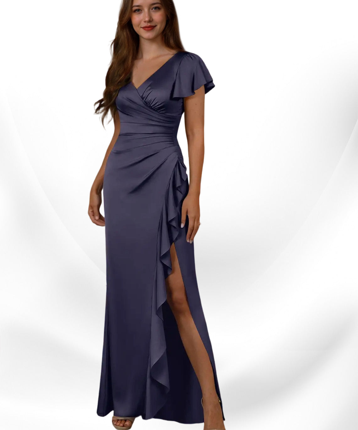 Augday Roya Mermaid V-Neck Pleated Stretch Satin