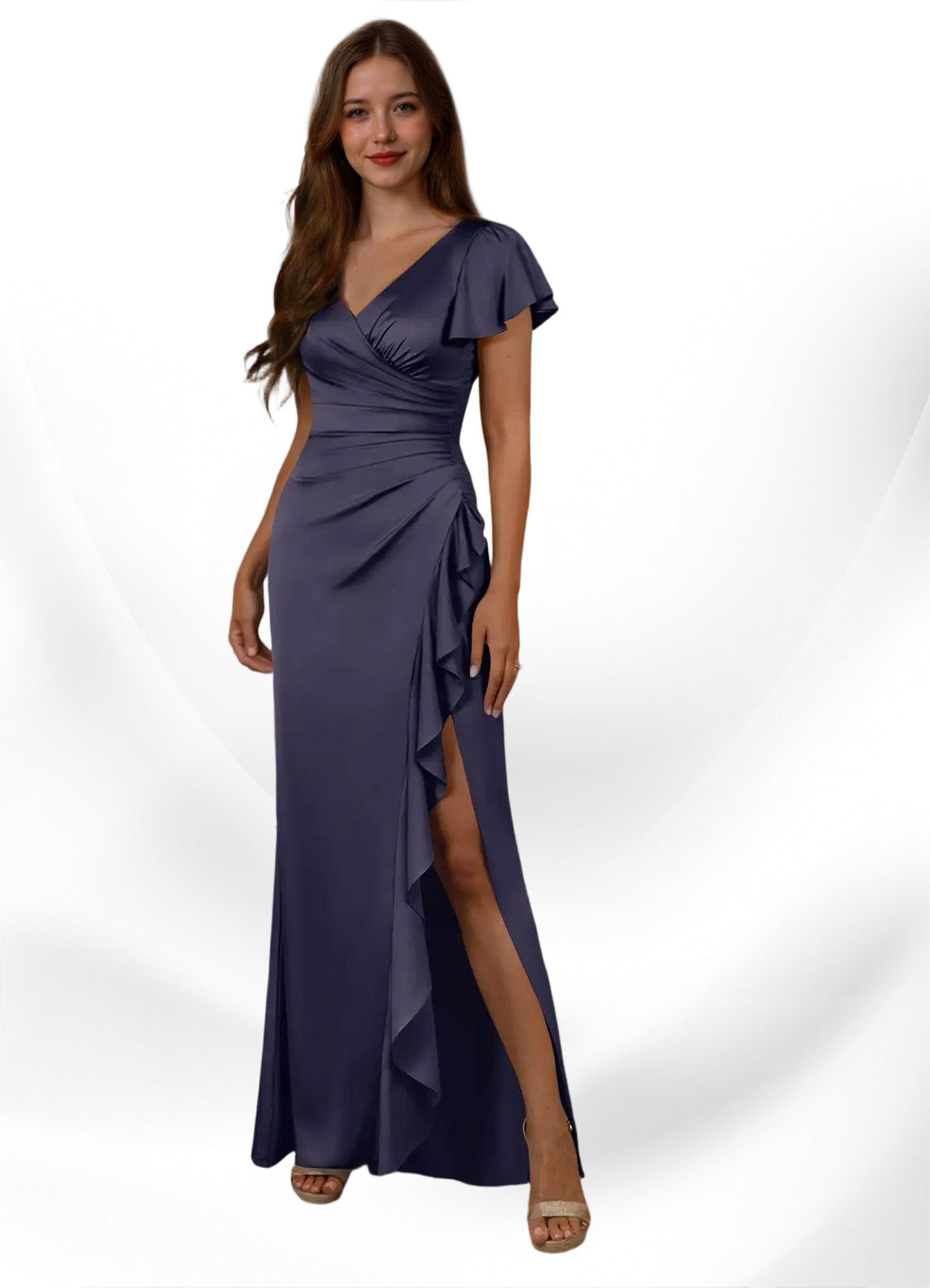 Augday Roya Mermaid V-Neck Pleated Stretch Satin