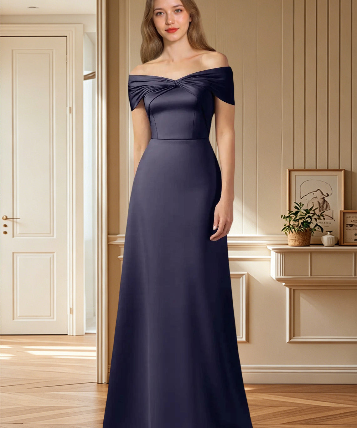 Augday Amelia A-Line Off the Shoulder Stretch Satin Dress