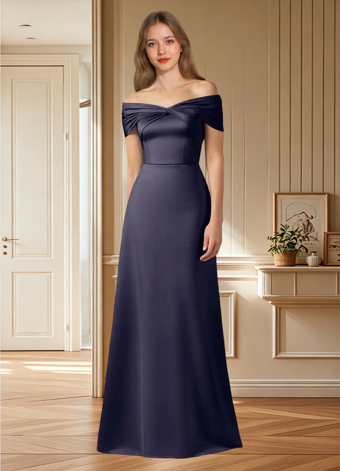 Augday Amelia A-Line Off the Shoulder Stretch Satin Dress