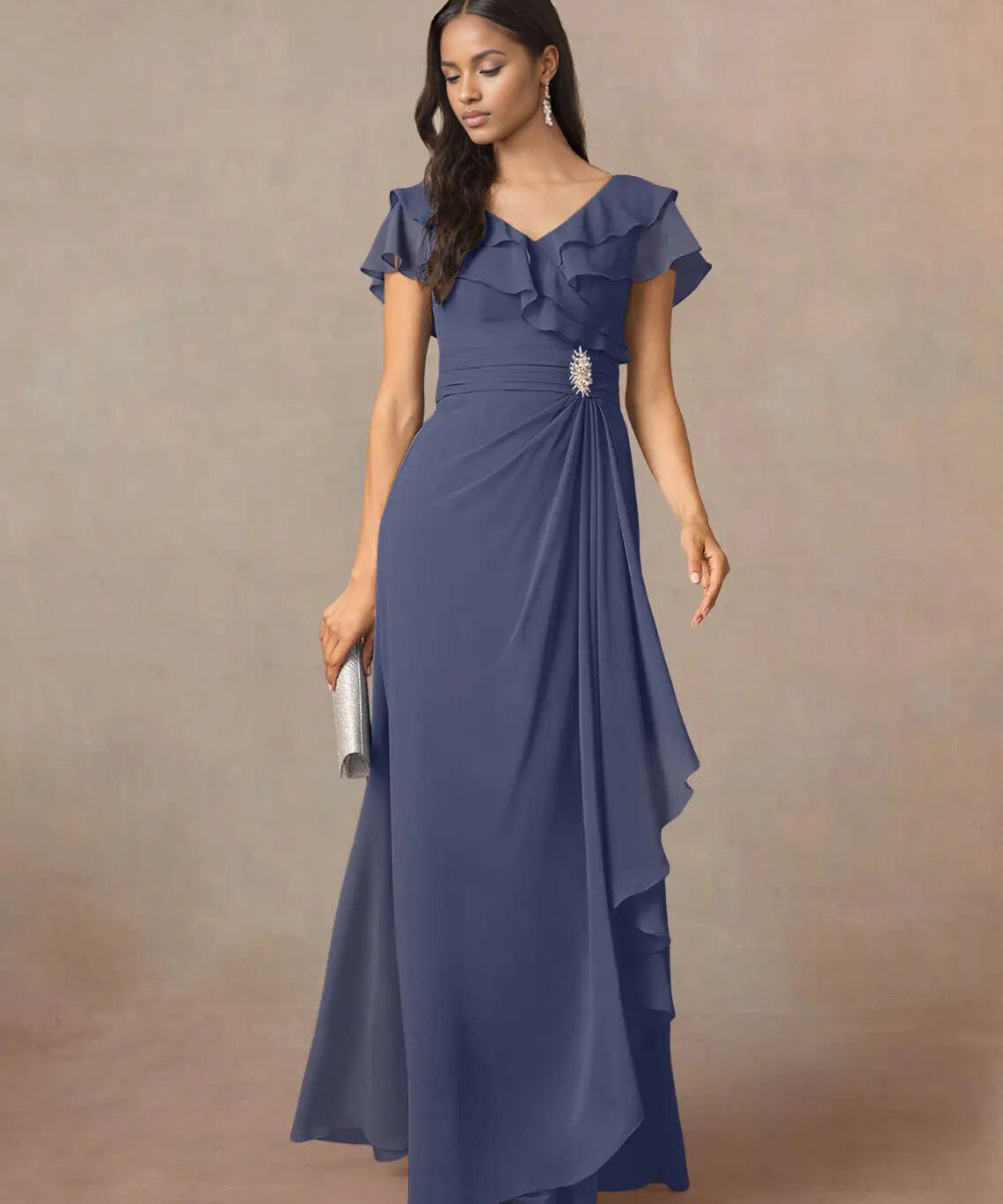 Augday A-Line V-Neck Ruched Chiffon Dress