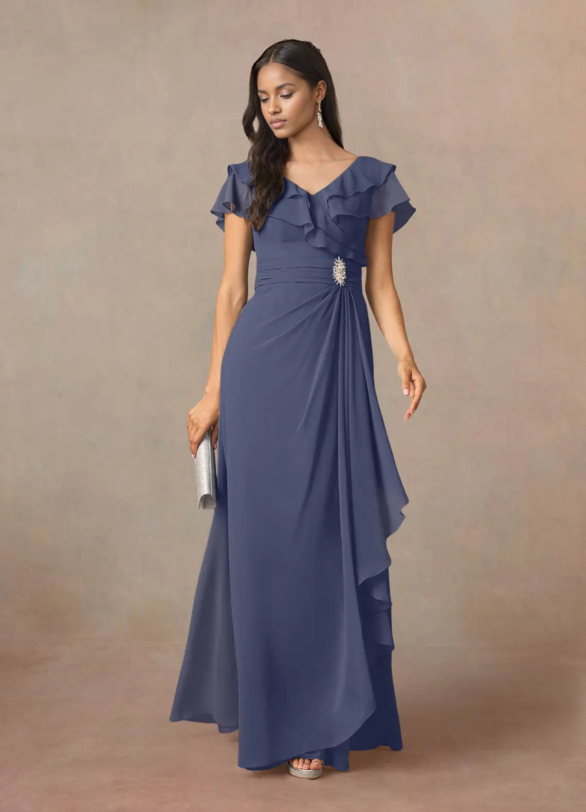 Augday A-Line V-Neck Ruched Chiffon Dress