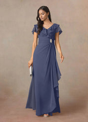 Augday A-Line V-Neck Ruched Chiffon Dress