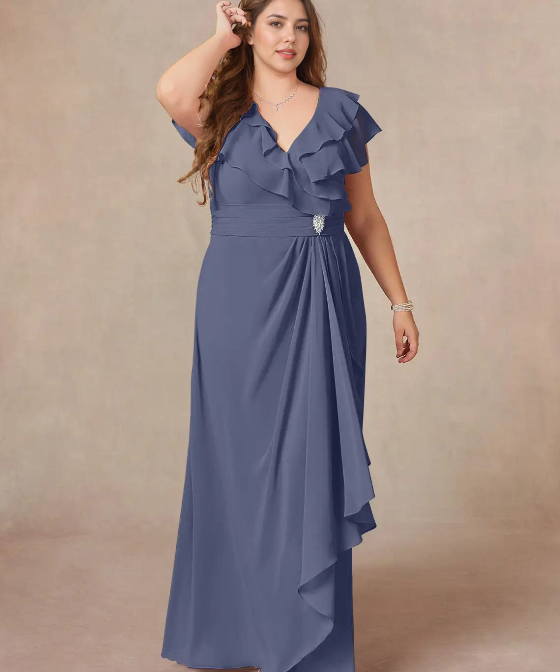 Augday A-Line V-Neck Ruched Chiffon Dress Plus Size