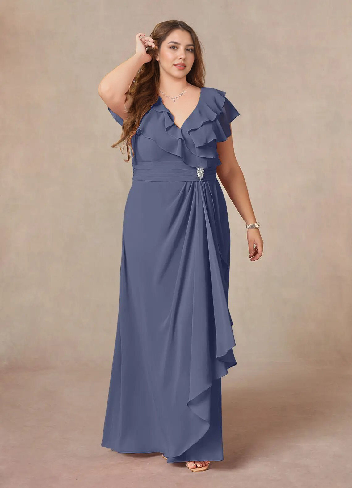Augday A-Line V-Neck Ruched Chiffon Dress Plus Size