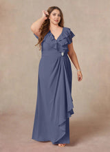 Augday A-Line V-Neck Ruched Chiffon Dress Plus Size