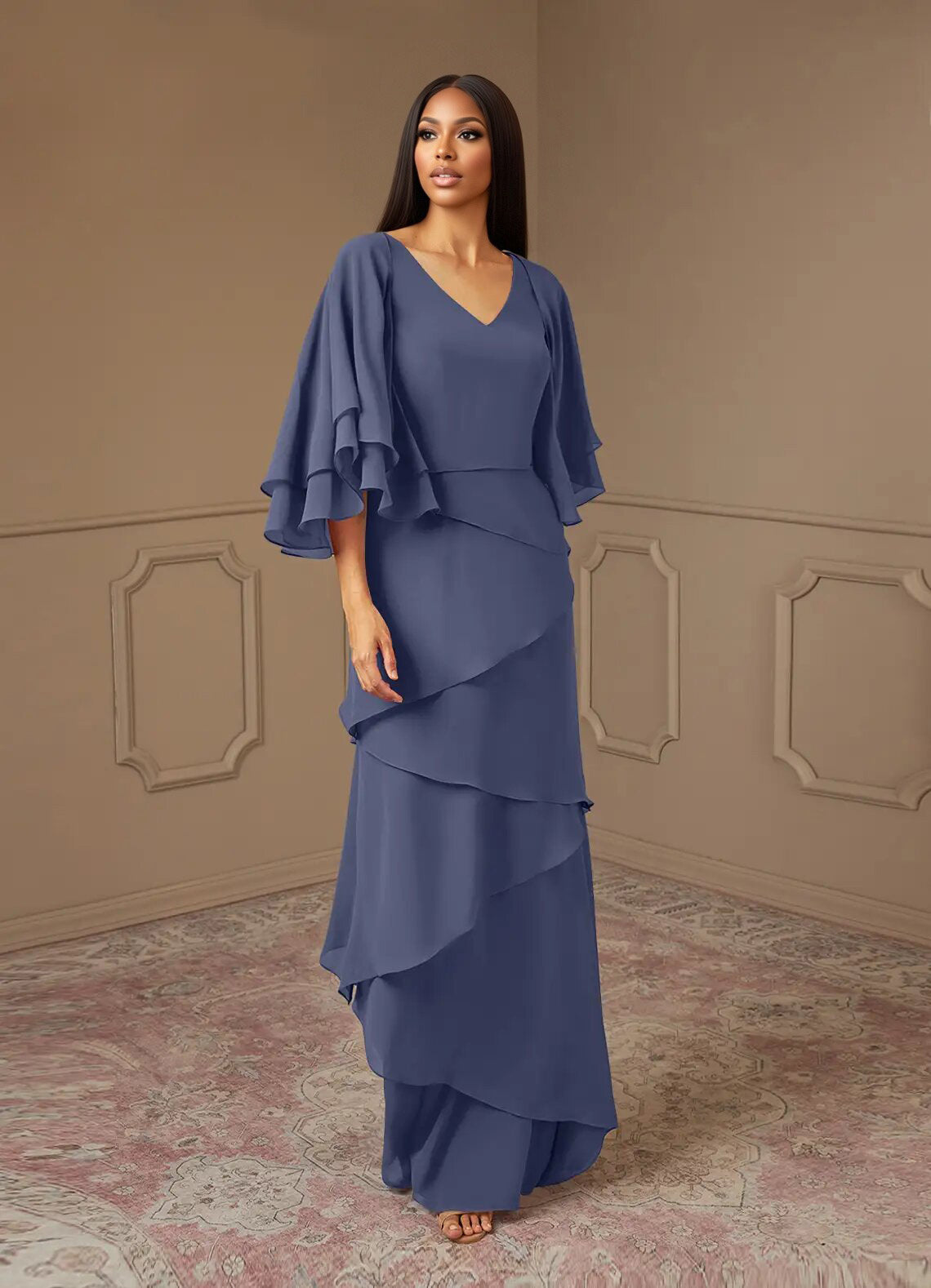 Augday OHara A-Line V-Neck Chiffon Dress