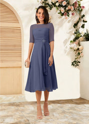 Augday Naomi A-Line Boatneck Pleated Chiffon Dress