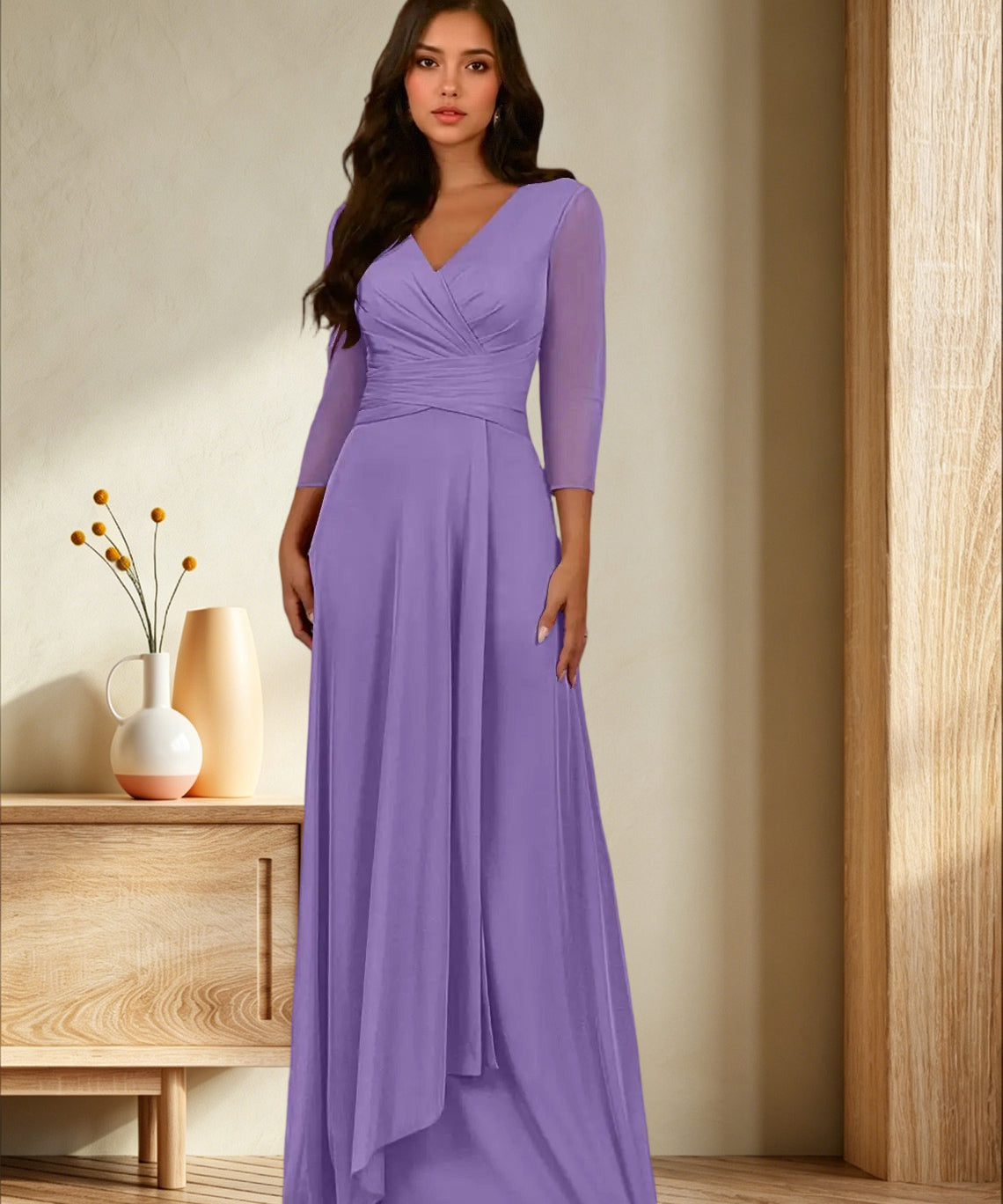 Augday Annetta A-Line V-Neck Pleated Mesh Dress