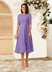Augday Naomi A-Line Boatneck Pleated Chiffon Dress