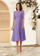 Augday Naomi A-Line Boatneck Pleated Chiffon Dress