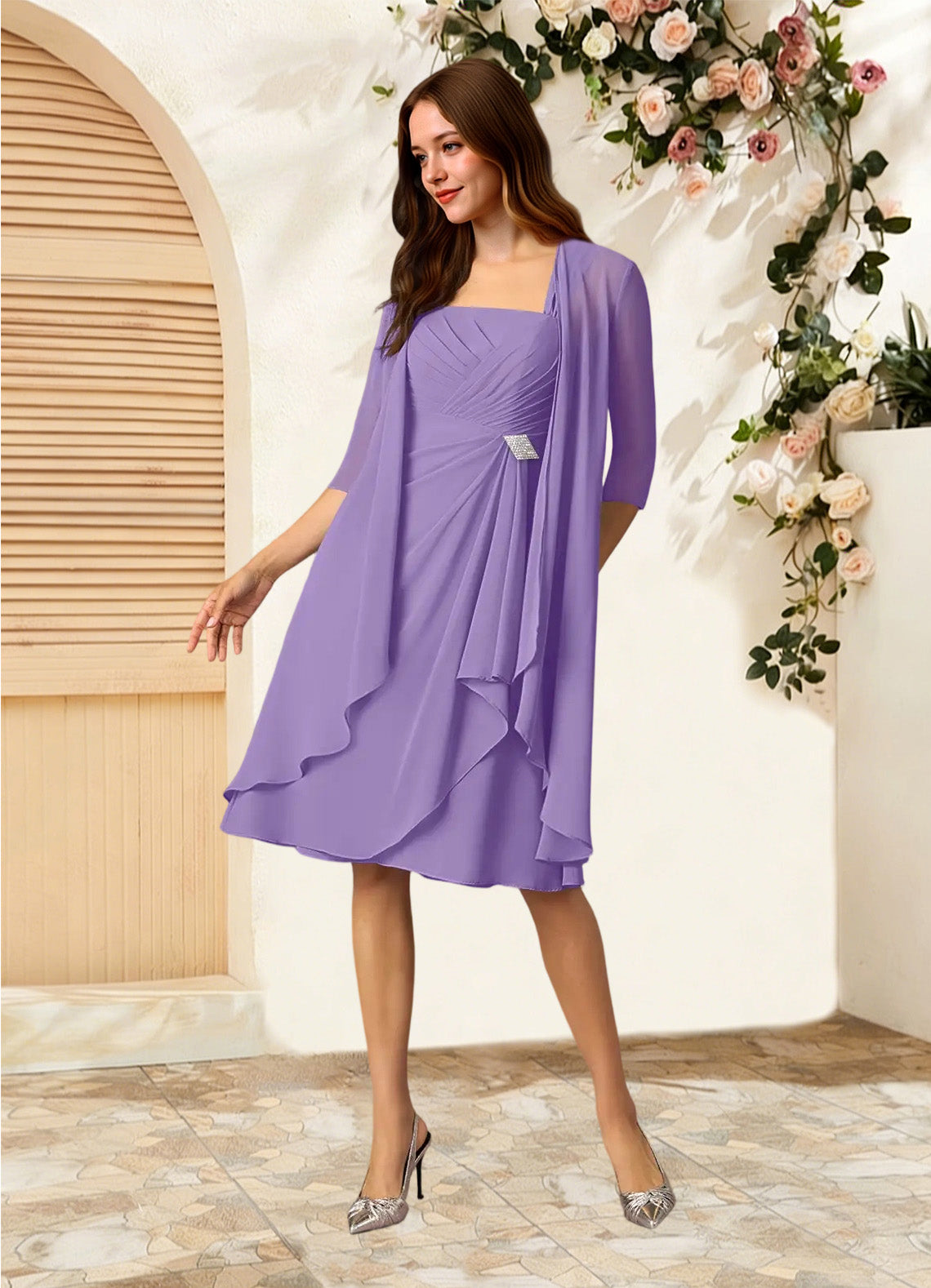 Augday Olivia A-Line Square Neckline Pleated Chiffon Dress