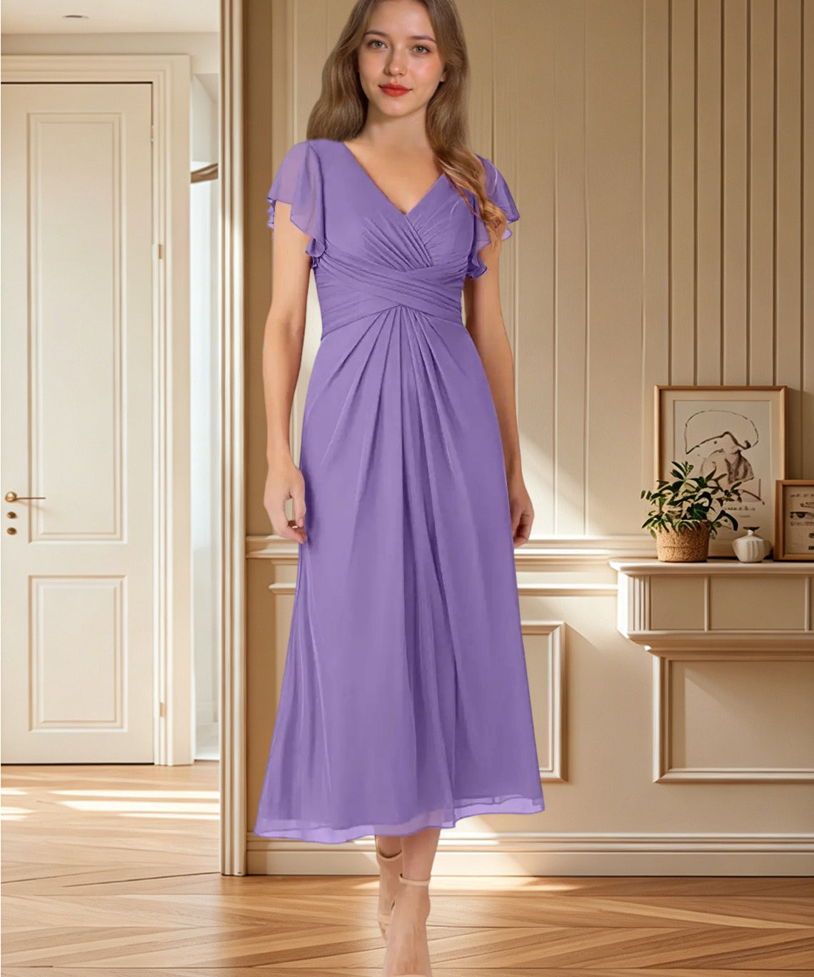 Augday Vera A-Line V-Neck Pleated Mesh Dress